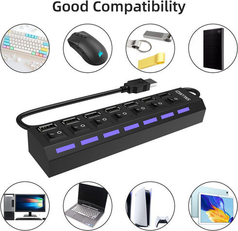 USB Hub 7 Port USB 2.0, LED Portable High-Speed Compatible for iMac Pro, MacBook Air, Surface Pro, PC and Laptop