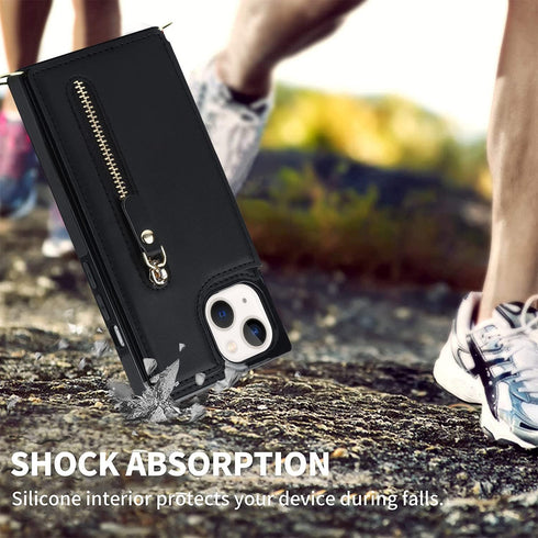 iPhone 13 Crossbody Phone Case - Black Leather Wallet with Card Holders, Adjustable Strap, Protective Design, 6.1 inch.