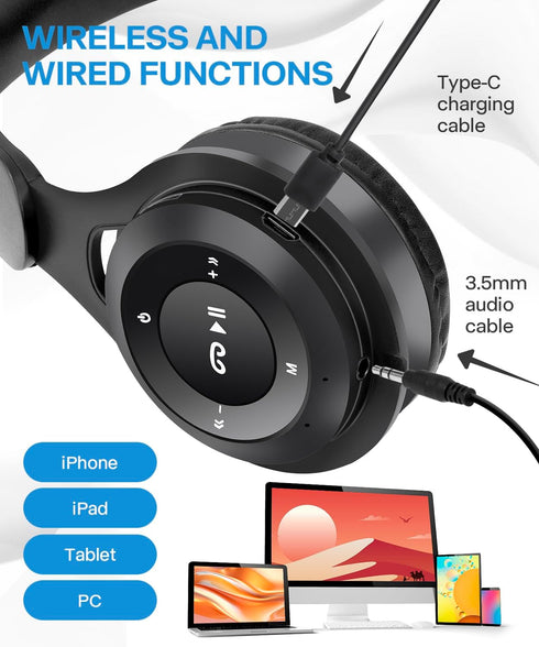 Kids Bluetooth Headphones, Over Ear Wireless Bluetooth 5.3 Headsets with Built-in Mic, Comfortable Wear