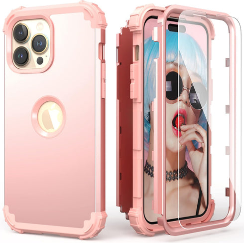 IDweel iPhone 15 Pro Max Case - 3 in 1 Shockproof Hybrid Cover with Screen Protector, Rose Gold, Slim Fit, Heavy Duty.
