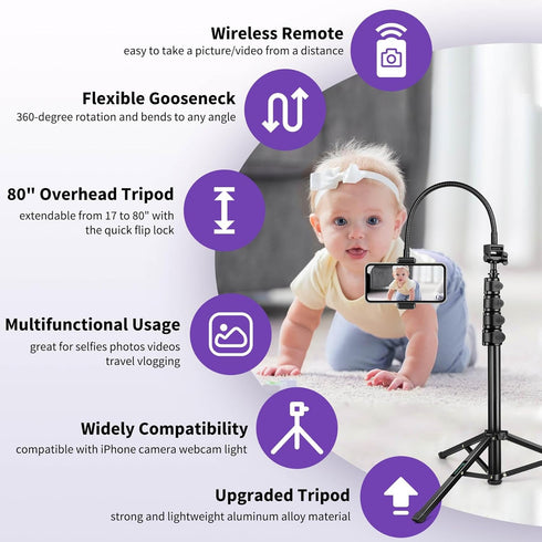 Nineigh 80" Phone Tripod, Selfie Stick Cellphone Tripod, Aluminum Tripods Stand for Video Photo Vlog, Travel Tripods