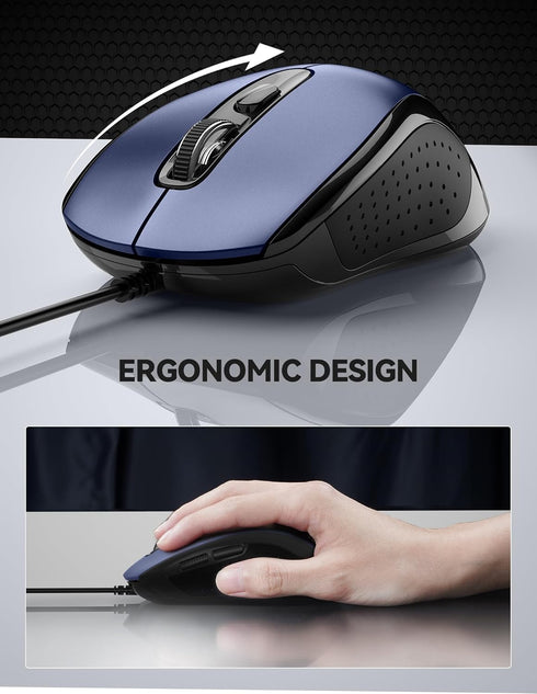TECKNET USB Wired Mouse, 3600DPI Corded Computer Mouse with 4 Adjustable Levels, 6-Button Ergonomic Mice for Home and