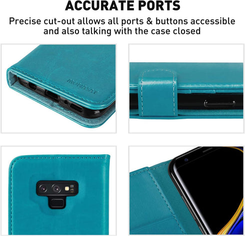MONASAY Wallet Case for Galaxy Note 9, 6.4 inch, Light Blue Flip Folio Leather Cover with RFID Blocking