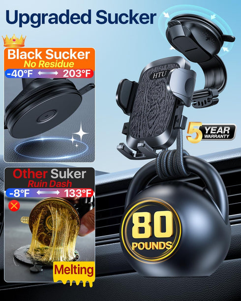HTU 17 16 15 14 13 12 Upgraded Strongest Suction Car Phone Holder Bendable Arm, Never Block View Rotatable Cellphone