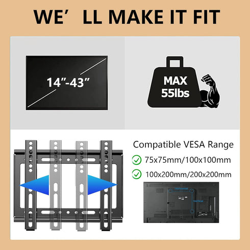 TV Wall Mount Bracket Low Profile Fixed for 14-43 Inch LED, LCD, Plasma TVs, Universal Mount Fits 8" Wood Studs