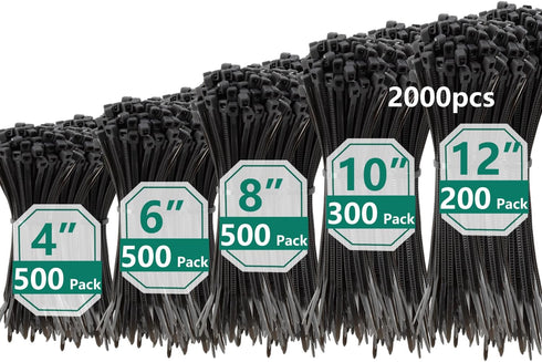 MasiStranth 2000 PCS Zip Ties Assorted Sizes 4+6+8+10+12 Inch Self-locking Nylon Cable ties