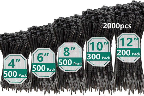 MasiStranth 2000 PCS Zip Ties Assorted Sizes 4+6+8+10+12 Inch Self-locking Nylon Cable ties