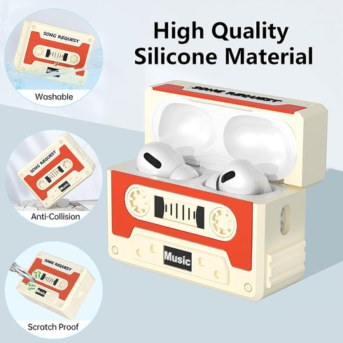 Cassette Tape Case Cover for AirPods Pro 2nd Generation, Shock Resistant, Washable, Scratch Proof with Cleaning Kit &