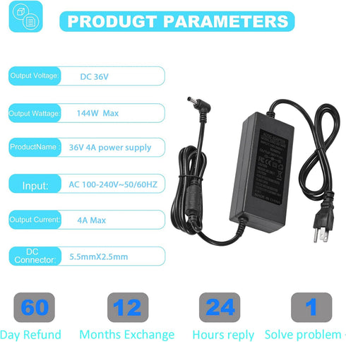 36V 4A 144W Power Supply Adapter, 100-240V AC to DC, 36 Volt for LED Lights & CCTV Security System