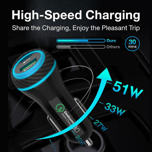MOCA for iPhone 51W Fast Charger, USB C Dual Ports W/ 2pcs 3.3ft A-P/C-P Cable Car Charger Adapter for iPhone 13 12 11 Pro/XS/XR/SE/X 8/iPad/AirPods Quick Car Charging