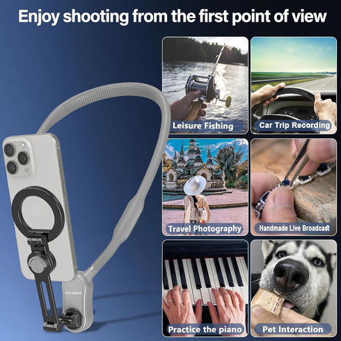 Magnetic Neck Phone Holder, 4 in 1 Neck Mount for Phones and Action Cameras, Hands-Free Holder for Recording POV/Vlog