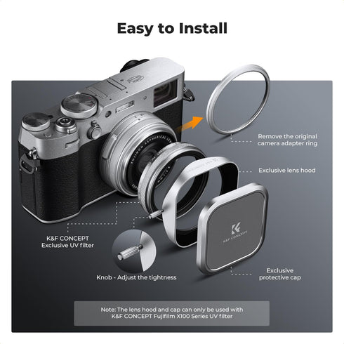 K&F Concept Silver Square Metal Lens Hood Kit for Fujifilm X100/X100F/X100S/X100T/X100V/X100VI
