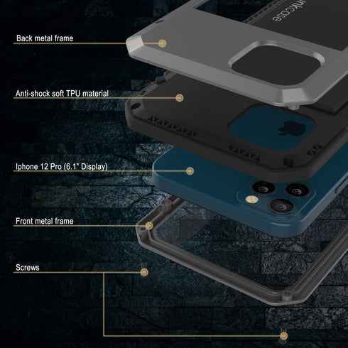 Punkcase Heavy Duty Metal Case for iPhone 12 Pro, Military Grade Armor Cover, Shock Proof Aluminum & TPU Design (Silver)