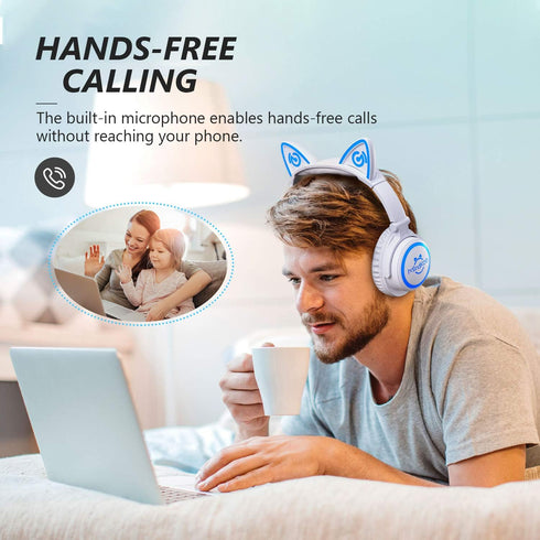 Headphones for Back to School, Kids Cat Ear Headphones, Foldable Bluetooth Wireless Headphones with Microphone, LED