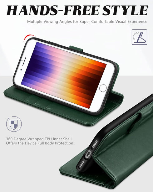 TUCCH Wallet Case for iPhone SE 2022/SE 2020/8/7, PU Leather Folio with Stand, Card Slot, Midnight Green