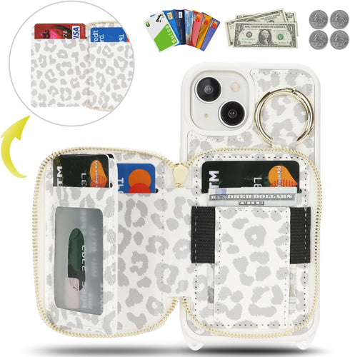 Hamany 13, 5G 6.1 Inch-White Crossbody Wallet Case for iPhone PU Leather Zipper Handbag Purse Flip Cover, Kickstand