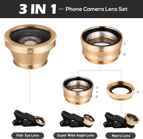 Portable Cell Phone Camera Lens: 3 in 1 Clip on Super Wide Angle, Macro, Fisheye Lens Compatible for iPhone