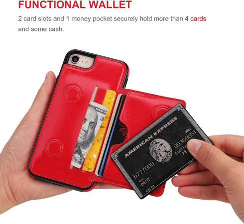 KIHUWEY Wallet Case for iPhone SE, 7/8 - Premium Leather with Credit Card Holder, Durable Shockproof Cover (Red)