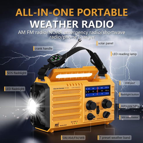Emergency Radio 5000 Hand Crank Solar Weather Radio, 5-Way Power Survival Portable Radio with Flashlight & Charger
