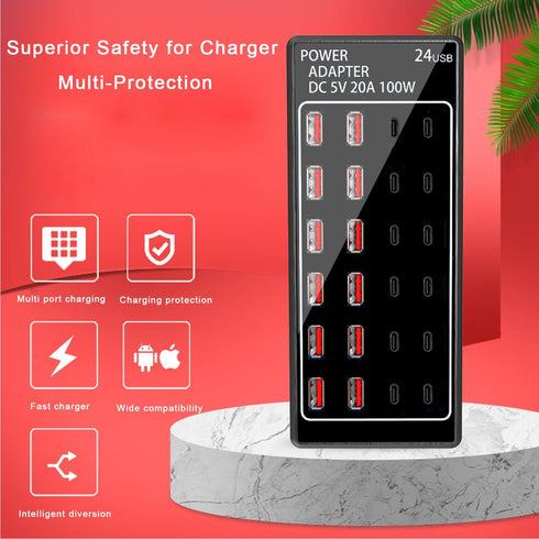 USB Charger Block 100W (20A), 24 Port Multiple USB Charger Station, Desktop USB Wall Charger for Apple & Samsung