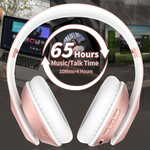 Wireless Bluetooth Headphones Over Ear, 65H Playtime HiFi Stereo Headset with Microphone, Foldable Bluetooth V5.3, Rose