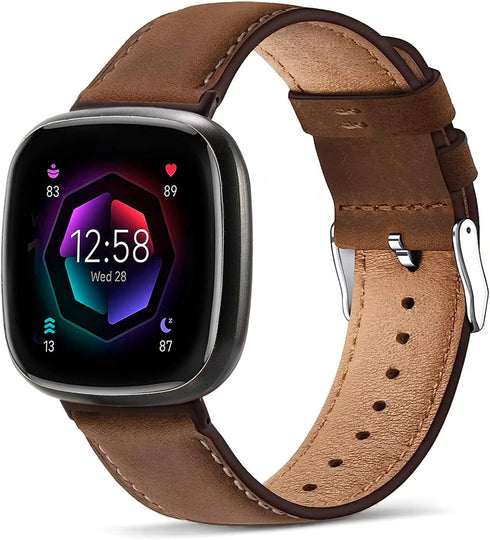 Leather Bands Compatible with Fitbit Versa 4/Versa 3/Sense 2/Sense, Classic Genuine Leather Replacement Wristbands Straps for Women Men