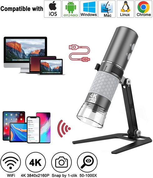 WiFi USB Digital Handheld Microscope, 50 to 1000x Wireless Magnification, 4K Camera with Metal Stand for iPhone Android