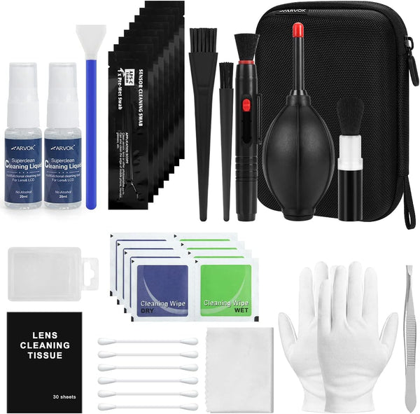 ARVOK Professional Camera Cleaning Kit (32 pcs), Air Blower, Cleaning Pen, Spray, Cloth for Canon, Nikon, Sony