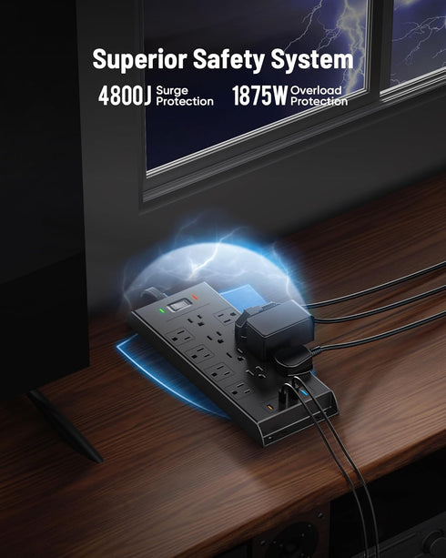 LeZone 4800J, 10Ft 12 2 2 20W Surge Protector Power Strip Long Extension Cord Flat Plug, Outlets USB C USB Ports, Wall