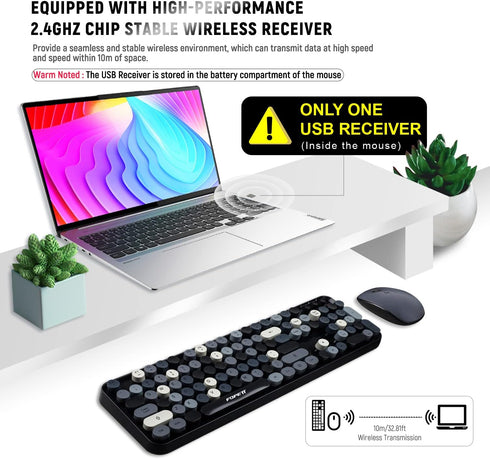 FOPETT Wireless Keyboard and Mouse Set, Reliable 2.4 GHz Connectivity for PC, Laptop, Smart TV (Grey Colorful)