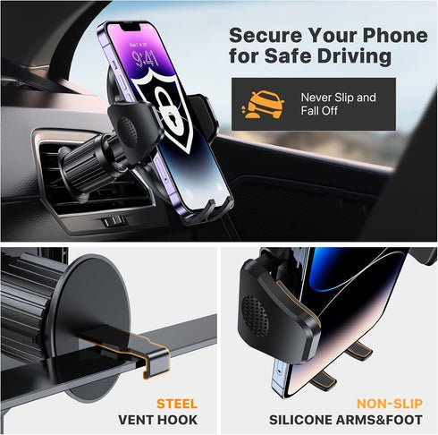 Miracase Phone Holders for Your Car, Newest Metal Hook Clip, Air Vent Cell Phone Car Mount, Dark Black