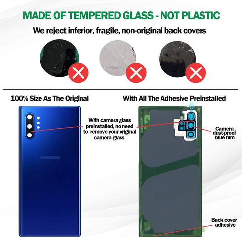 Galaxy Note 10+ Replacement Back Glass Panel Case with Installation Manual, Pre-Installed Camera Lens, Repair Tool Kit