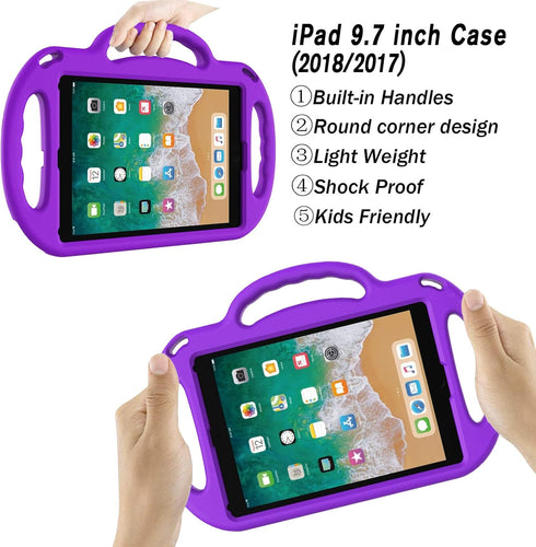 LTROP Kids Case for iPad 5th/6th Generation & Air 2, Shockproof Bumper Cute Kid Case with Shoulder Strap (Purple)