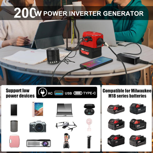KUNLUN 200W Power Inverter for Milwaukee M18 Battery, DC 18V to AC 110-120V with AC Outlet, USB, Type-C Ports & LED