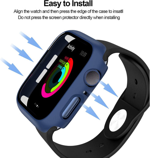 BHARVEST 2 Pack Hard PC Case for Apple Watch Series 9/8/7 45mm, with Tempered Glass Screen Protector, (Black+Blue)