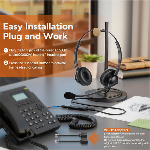 Lightweight Wired RJ9 Telephone Headphone Call Center Headset, Compatible with Yealink & Grandstream Phones