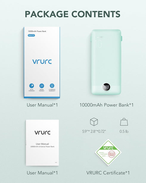 VRURC Portable Charger 10000mAh, Built-in Cables & AC Wall Plug, Compact Lightweight Power Bank for Smart Phones - Green