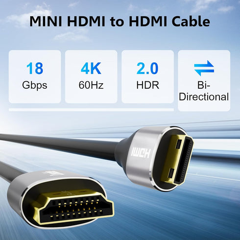 HDMI to Mini HDMI Cable 4 FT, High Speed Bi-Directional 2.0 Cord, 4K@60Hz, Compatible with Camera, Tablet, Projector