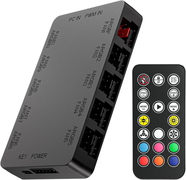 GSCOLER 10-Port ARGB & PWM Fan Hub Controller - Magnetic Mount 5V/3PIN RGB