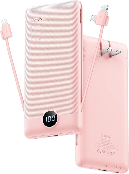 VRURC Portable Charger Power Bank with Wall Plug, 10000mAh with Built-in Cables, PD 20W Fast Charging