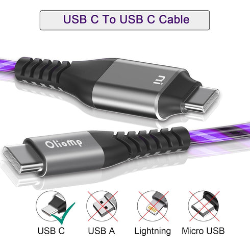 USB C to USB C Fast Charging Cable 6ft 60W 3A USB Type C Charger Led Light up Charger Compatible with Samsung Galaxy S23/S22/S21/S20 /S10/S9/S8/Note20/MacBook Pro/Air/iPad Pro/LG/Pixel