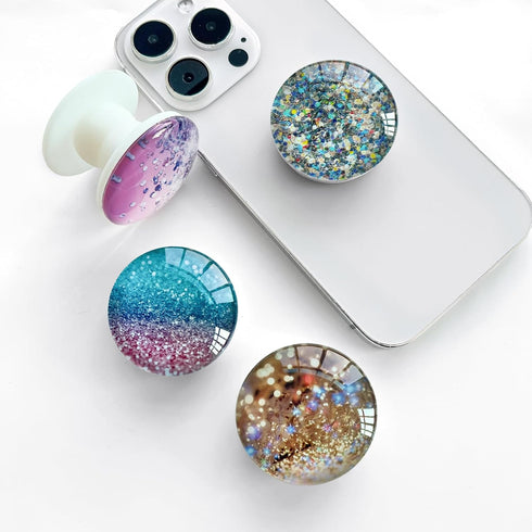 Expandible Collapsible Clear Crystal Glitter Mobile Phone Grip Stand Holder for Smartphones & Tablets (Blue Gold