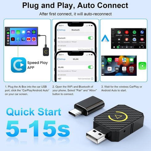 Mini Android Auto Wireless Adapter & Wireless CarPlay Adapter, Convert Factory Wired to Wireless CarPlay Dongle
