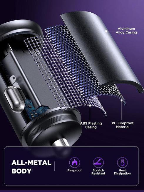 JOYROOM 4.8A Car Phone Charger, Mini All Metal Cigarette Lighter USB Charger with Type C Coiled Cable for iPhone 15 Pro