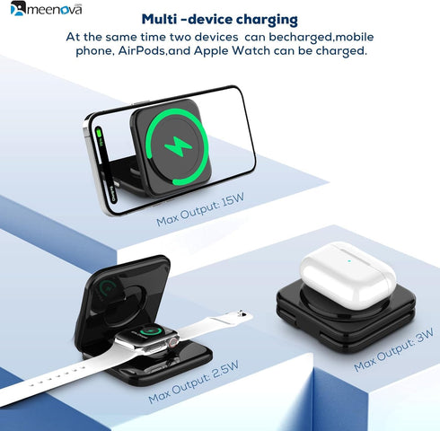 Foldable 3 in 1 Wireless Charger, Lightweight Portable Charging Station for iPhone 15 14 13 12, Compatible with