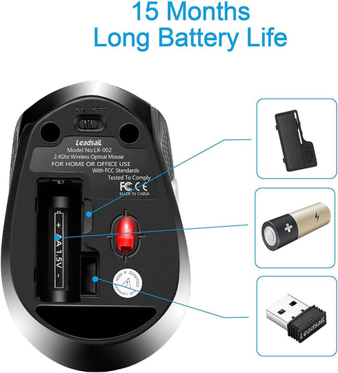 LeadsaiL Wireless Mouse for Laptop - 2.4G Portable Slim Cordless Optical Mouse with 6 Buttons, USB for Windows and Mac