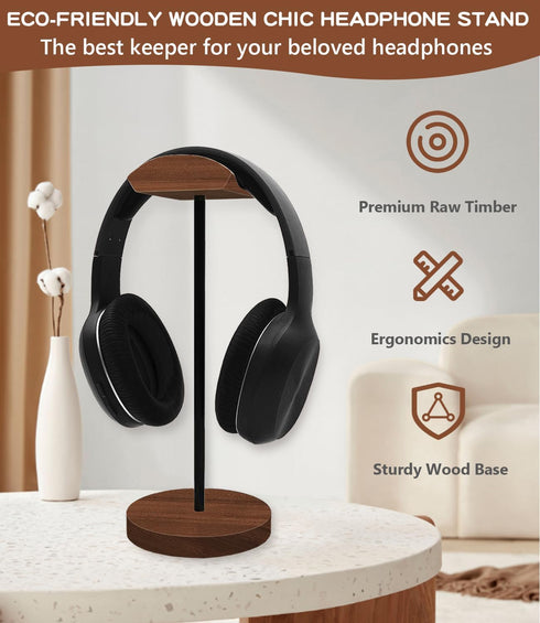 Headphone Holder Stand for Desk, Wood and Metal Gaming Holder with Solid Wooden Base for All Headsets