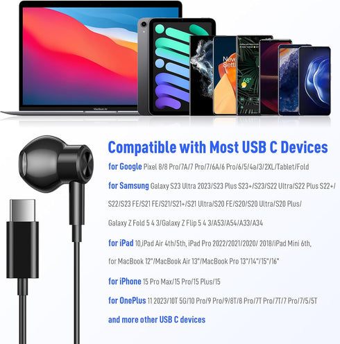 USB C Headphones for Samsung S24+ S24 Ultra, Type C Earphones with Microphone, HiFi Stereo Wired Earbuds for Galaxy