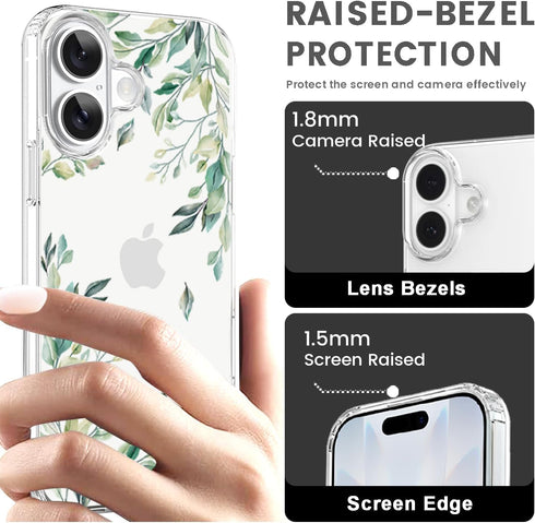 KEXAAR 17 2025 6.3", 17 Compatible with iPhone Case, Clear Floral Flower Green Leaves Tree Shockproof Protective Bumper
