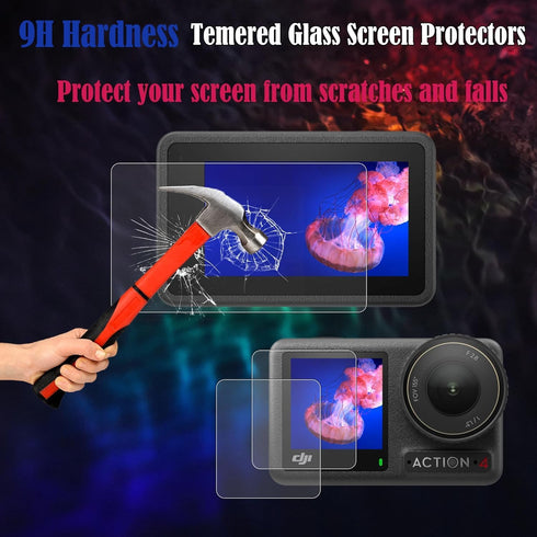 PCTC Screen Protector for DJI OSMO Action 4 Camera, Lens Protector + Tempered Glass LCD Display Film + Silicone Lens Cap